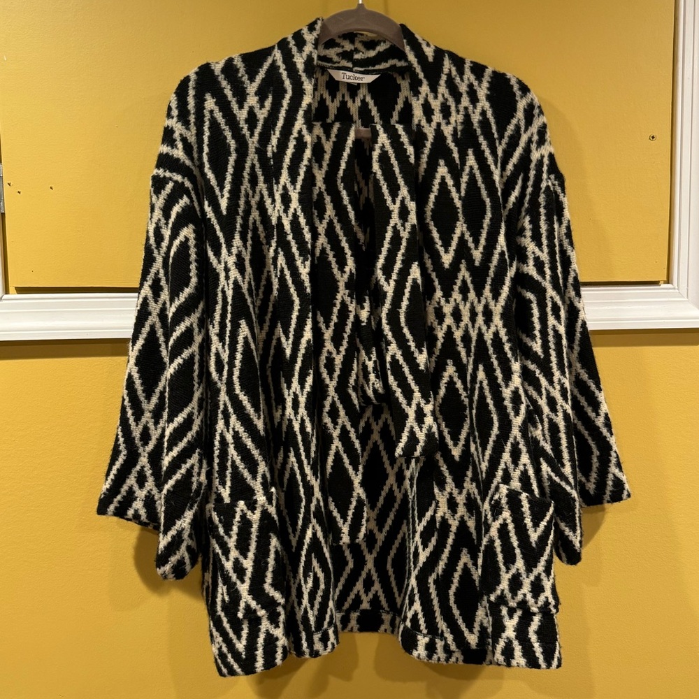 Tucker Wrap Cardigan Sweater with belt - black white geometric diamond pattern